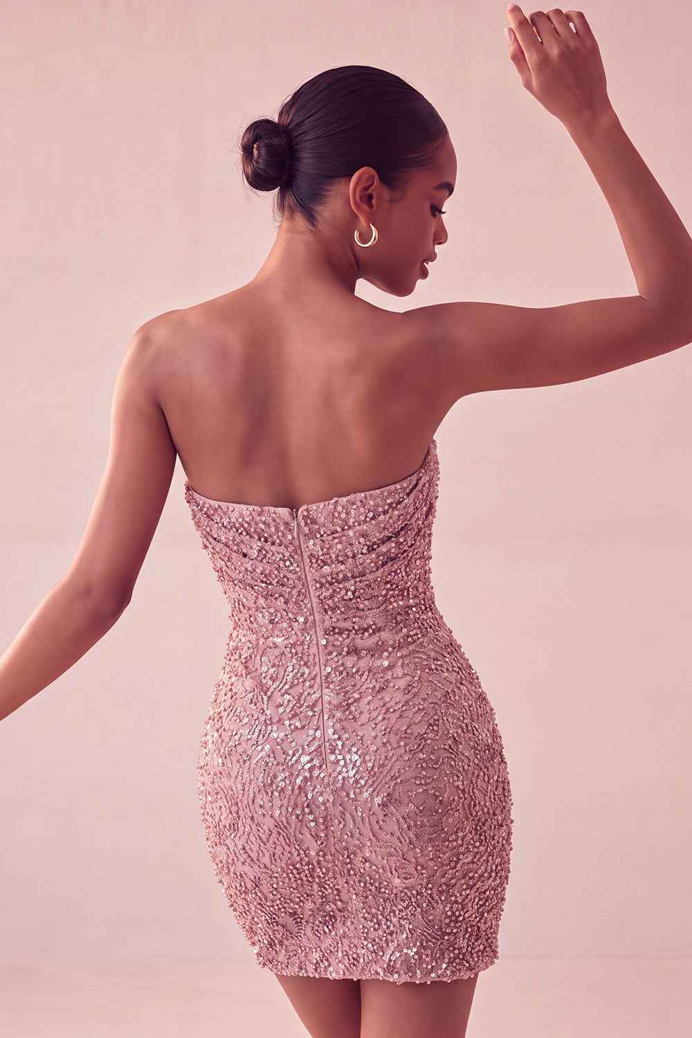 Champagne Sparkly Tight Ruched Sequin Strapless Short Homecoming Dress