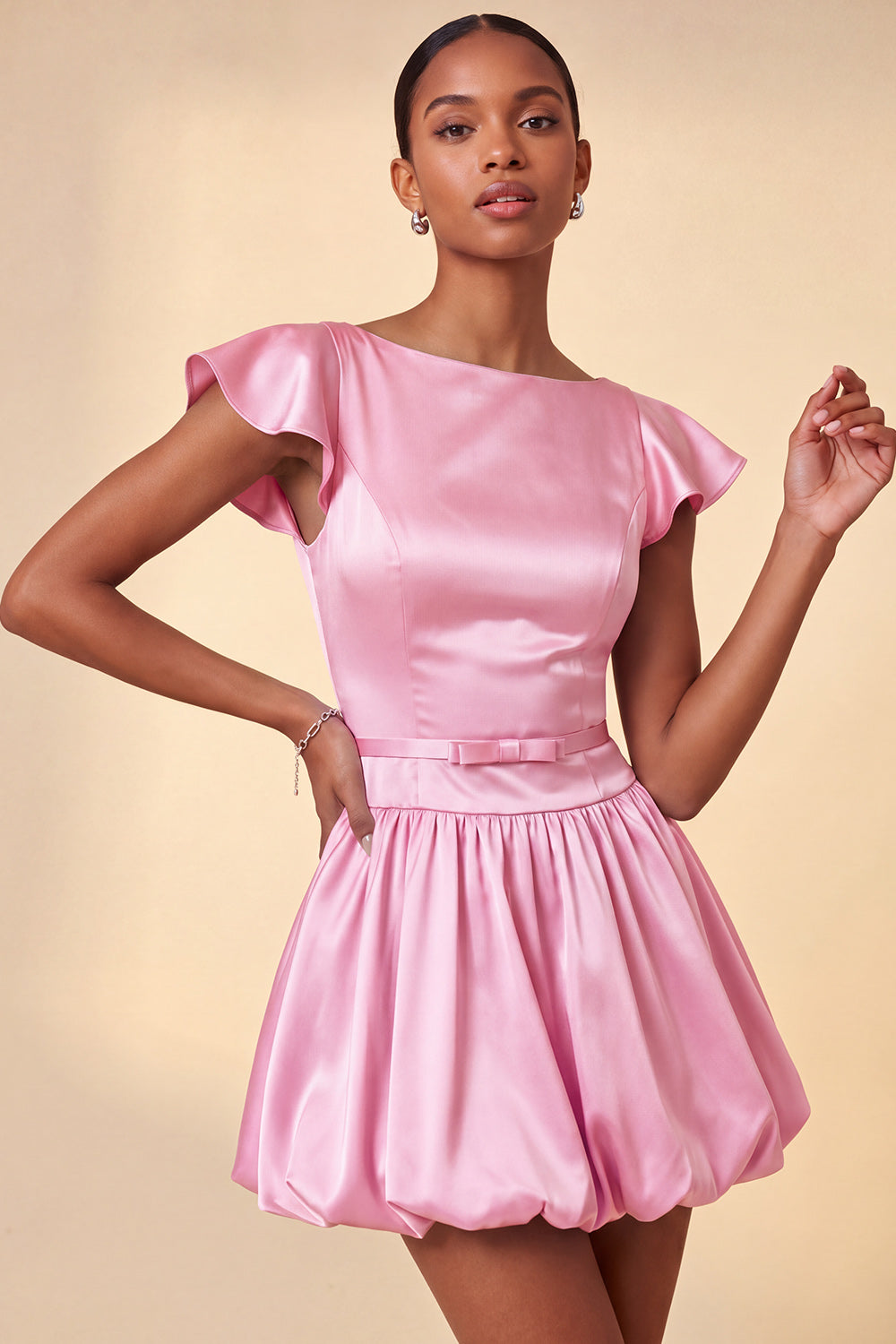 Pink Cap Sleeves Satin A-Line Short Homecoming Dress with Bow