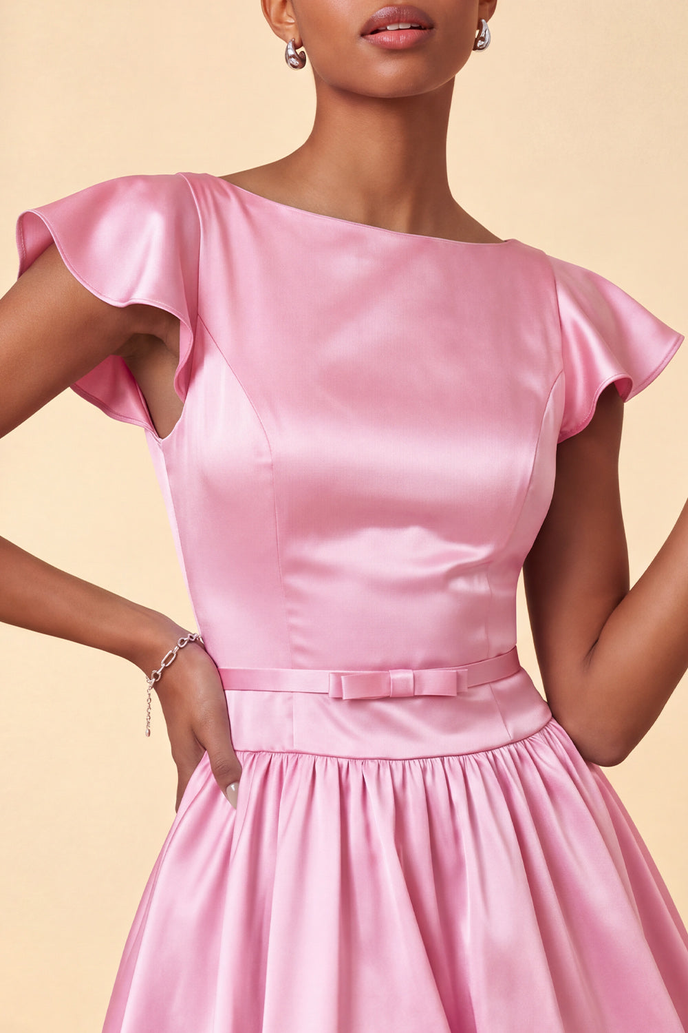 Pink Cap Sleeves Satin A-Line Short Homecoming Dress with Bow