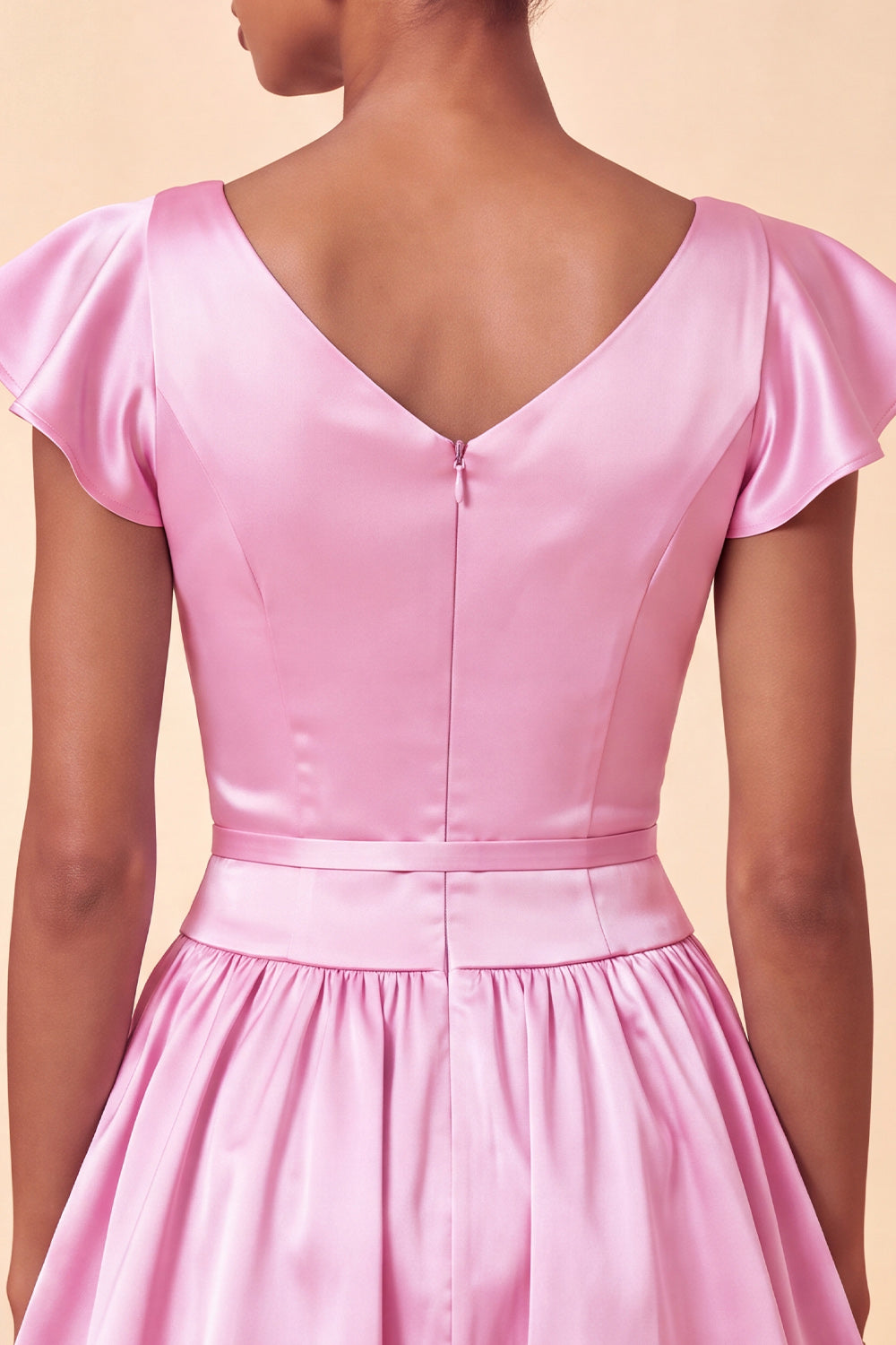 Pink Cap Sleeves Satin A-Line Short Homecoming Dress with Bow