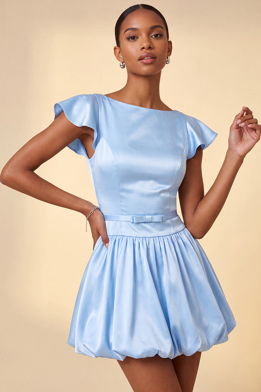 Pink Cap Sleeves Satin A-Line Short Homecoming Dress with Bow