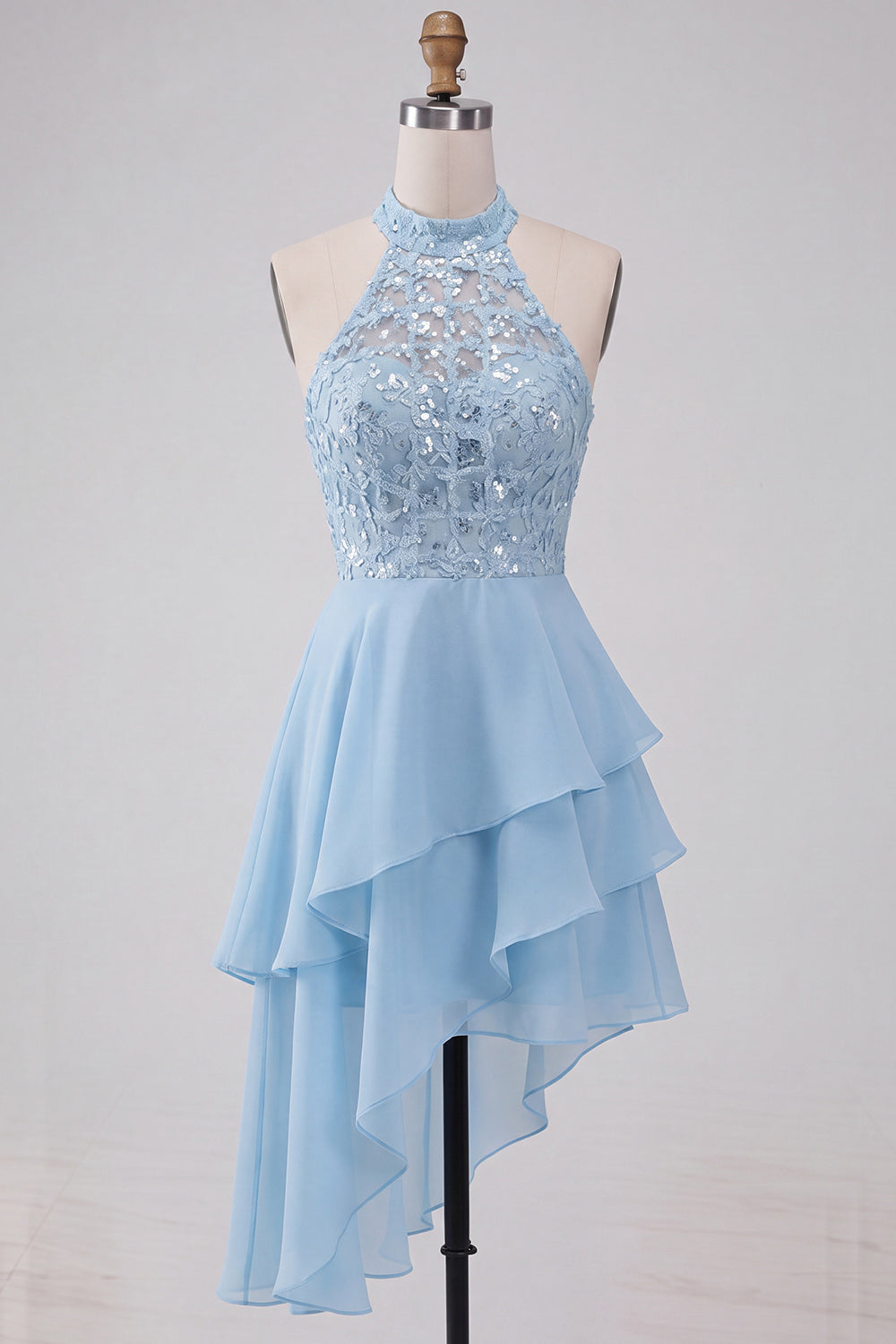 Blush A Line Tiered Sequin Halter Asymmetrical Homecoming Dress