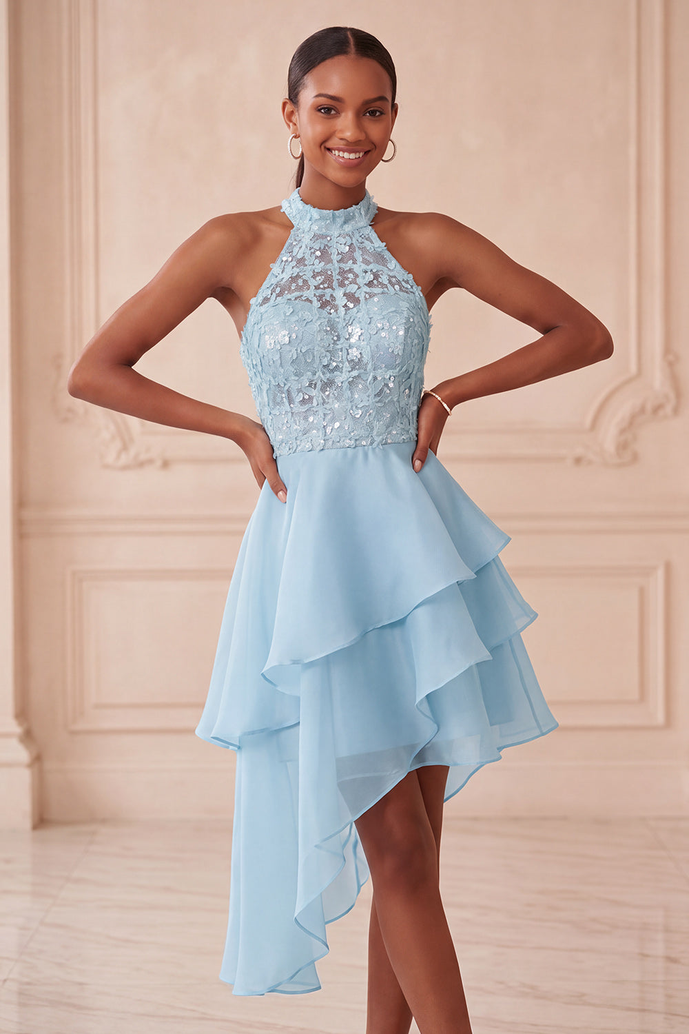 Blush A Line Tiered Sequin Halter Asymmetrical Homecoming Dress
