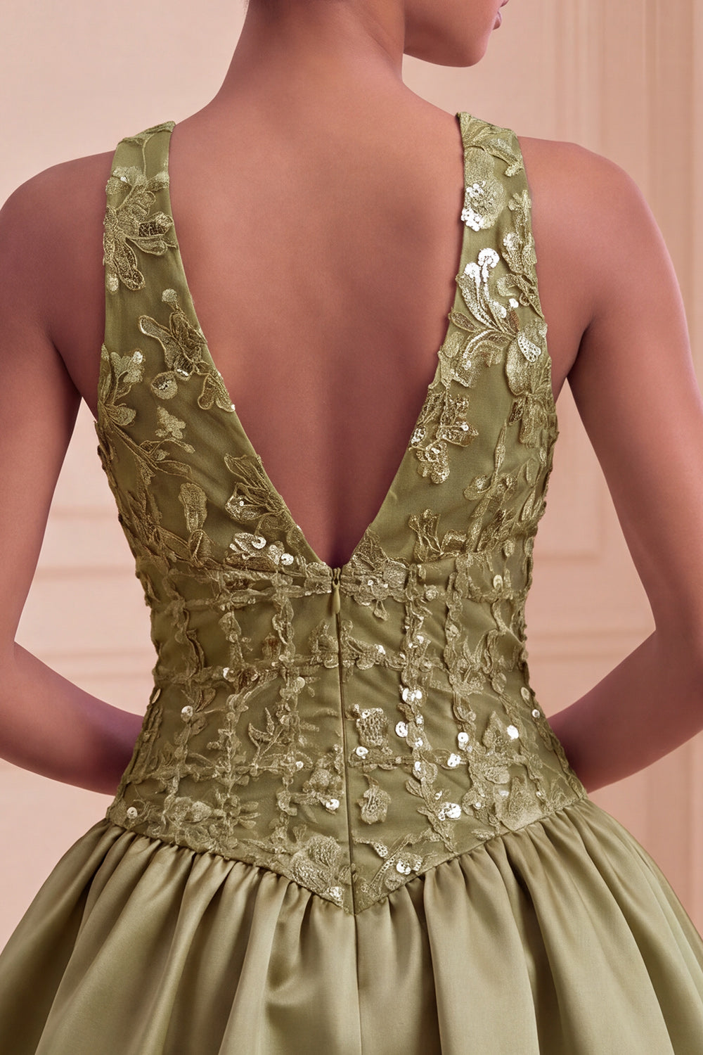 Olive Appliqued Sequin A-Line V-Neck Short Homecoming Dress