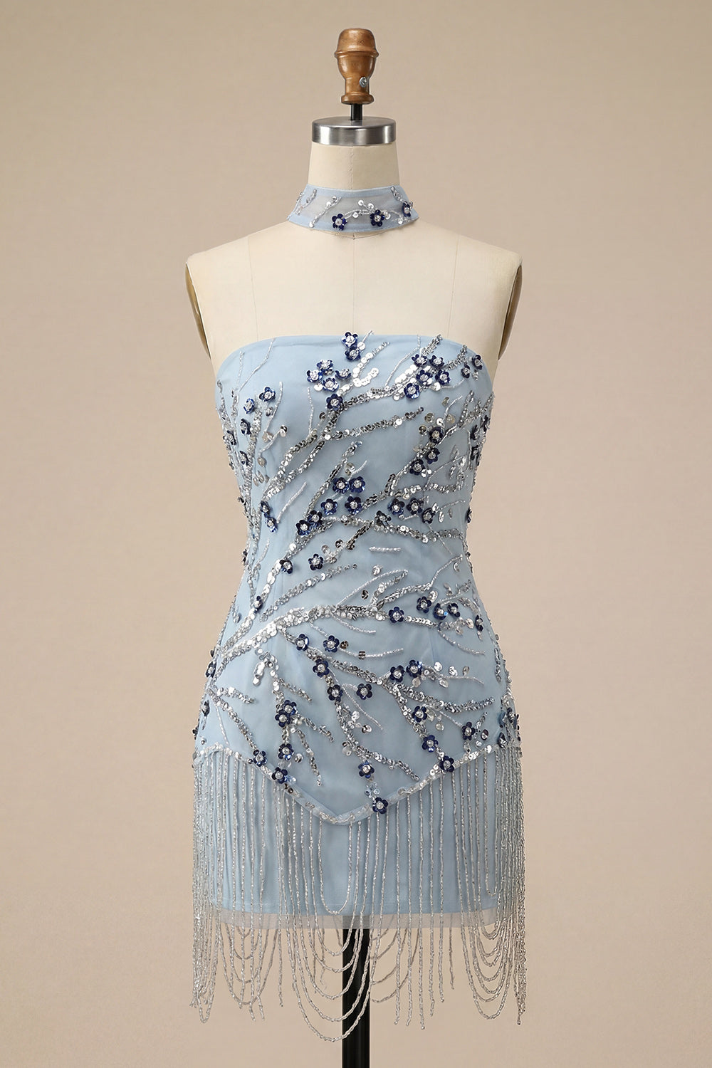 Sparkly Dusty Blue Floral Fringed Sequins Tight Short Homecoming Dress