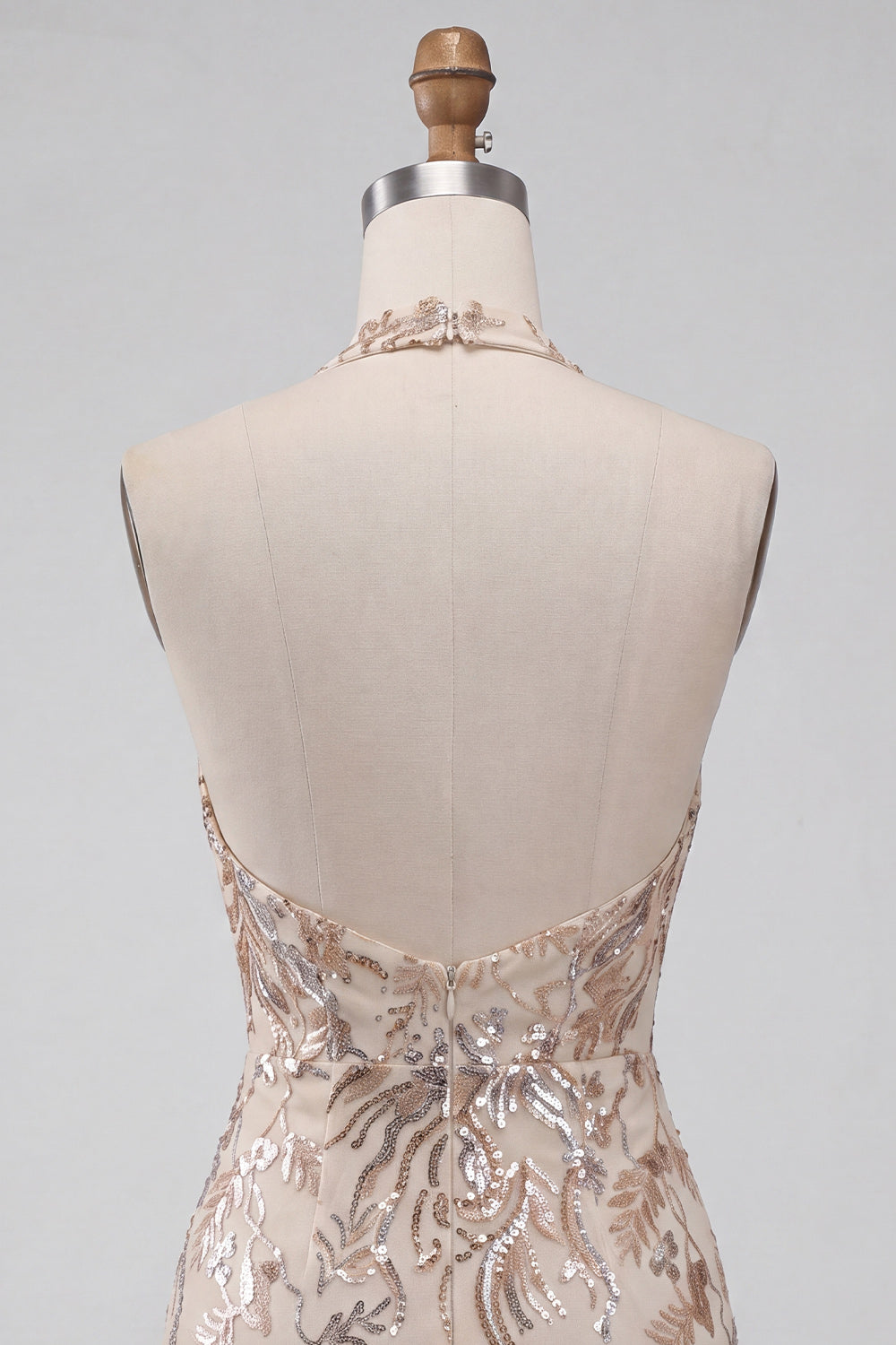 Champagne Sequins Sparkly Floral Halter Tight Short Homecoming Dress
