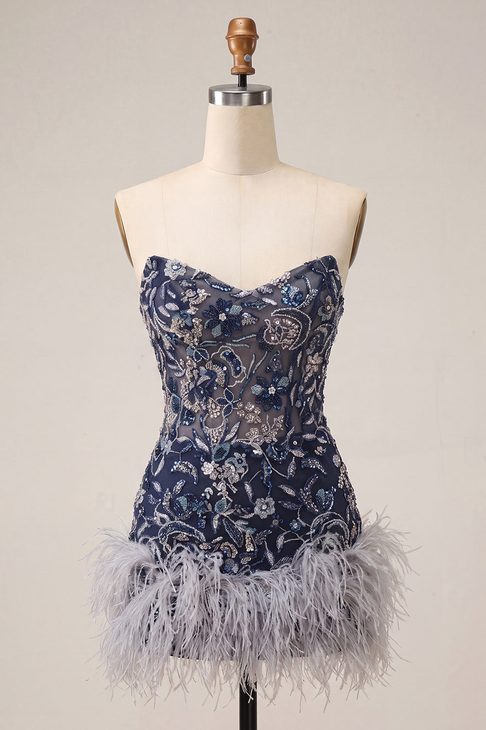 Sparkly Navy Floral Beaded Tight Short Homecoming Dress with Feathers