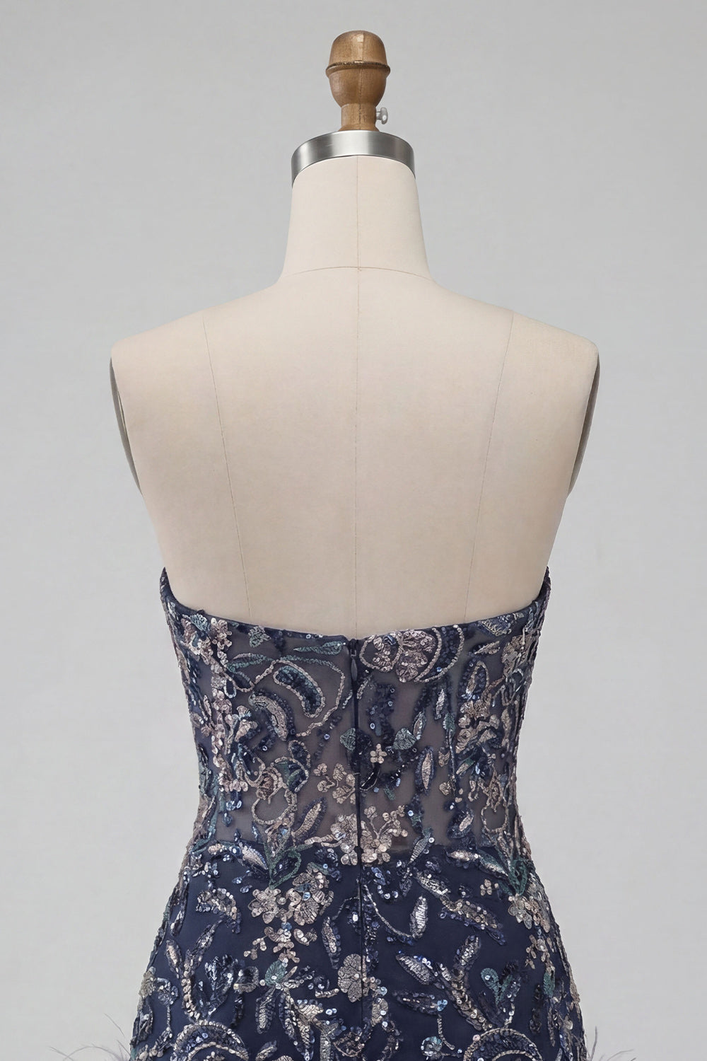 Sparkly Navy Floral Beaded Tight Short Homecoming Dress with Feathers