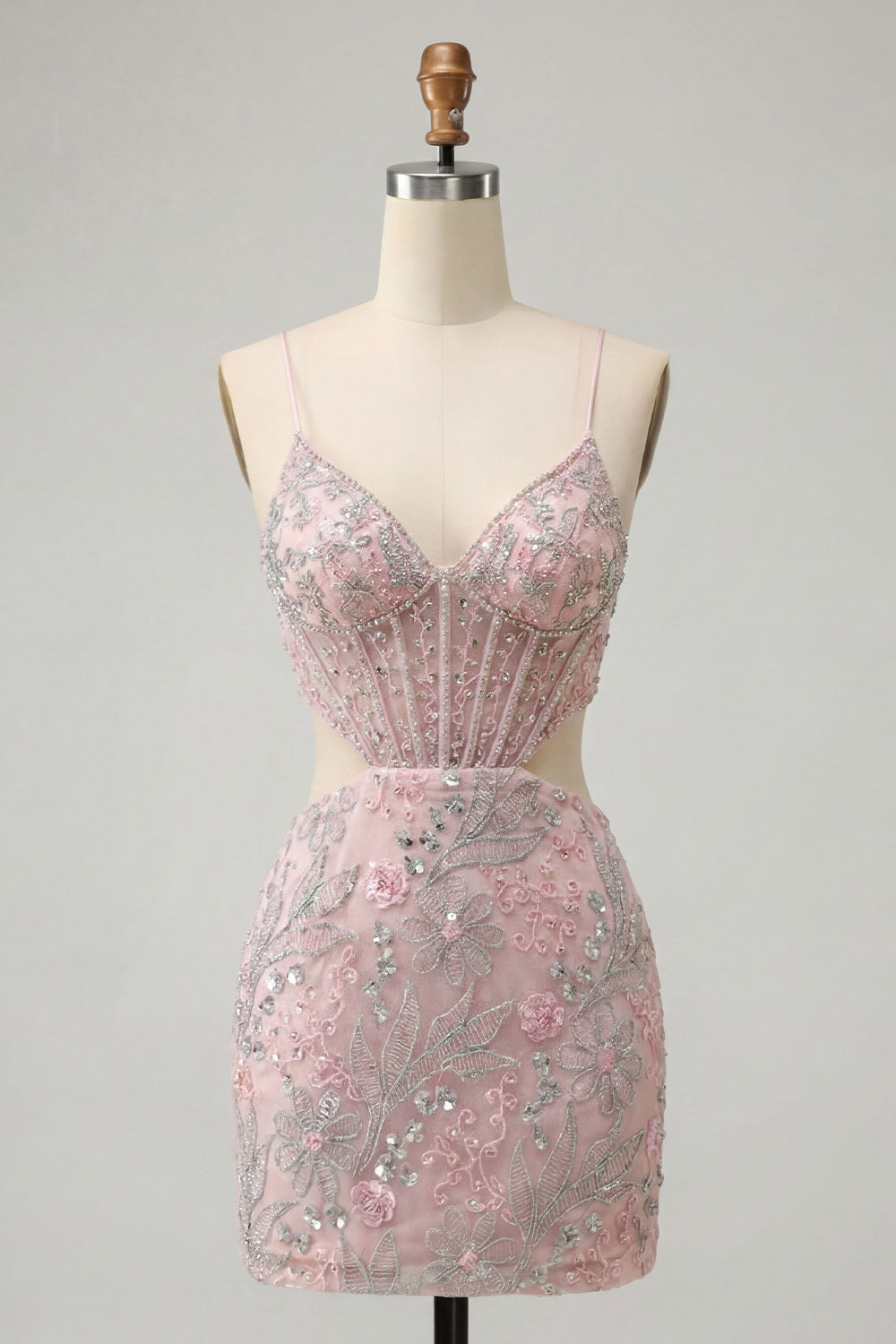 Floral Sparkly Blush Corset Tight Cut Out Short Homecoming Dress