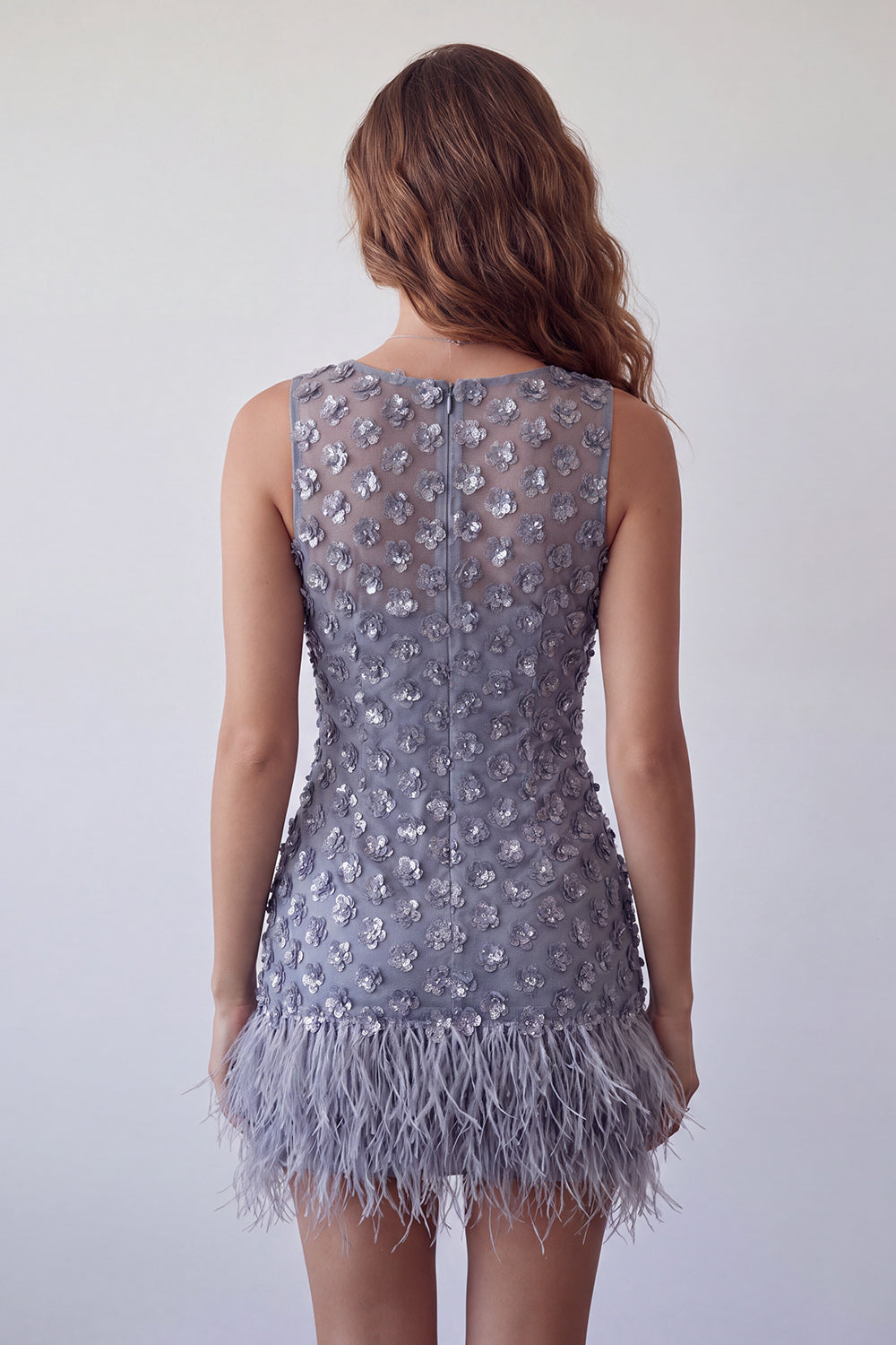 Floral Sparkly Dusty Lavender Short Tight Homecoming Dress with Feather