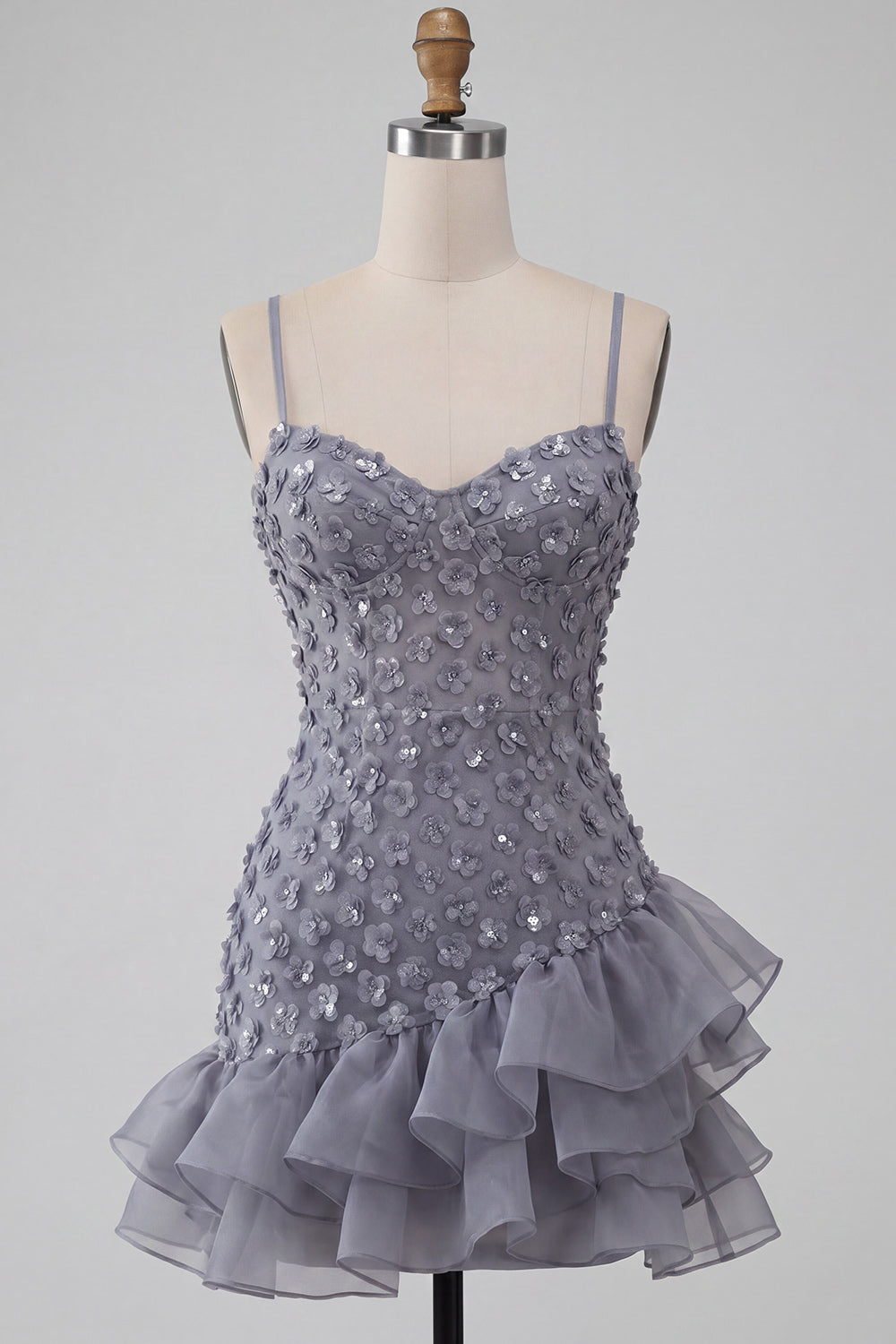 Floral Sparkly Dusty Lavender Sequin Tight Short Homecoming Dress with Ruffles