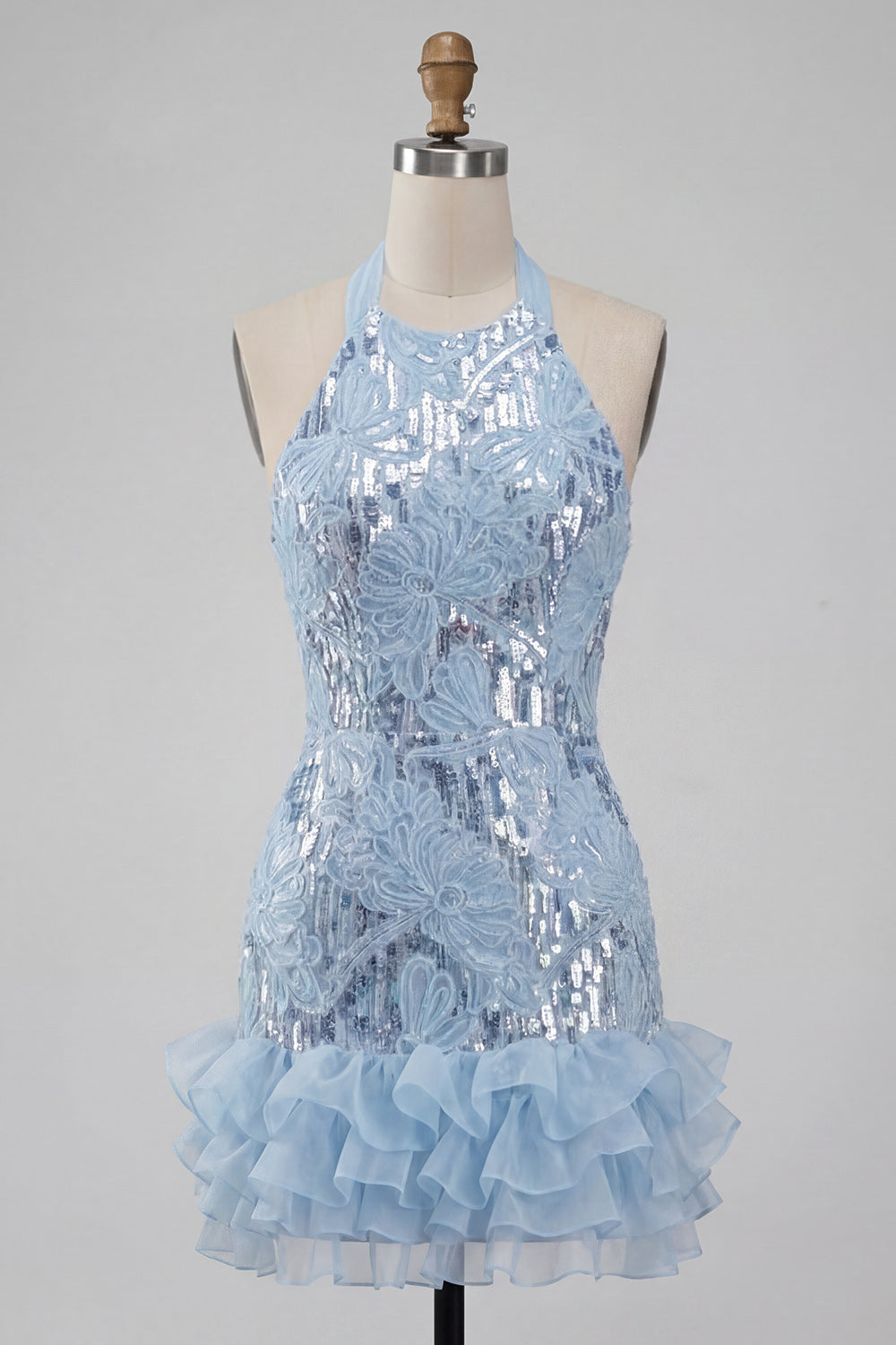 Sparkly Sky Blue Floral Halter Sequin Ruffled Tight Short Homecoming Dress