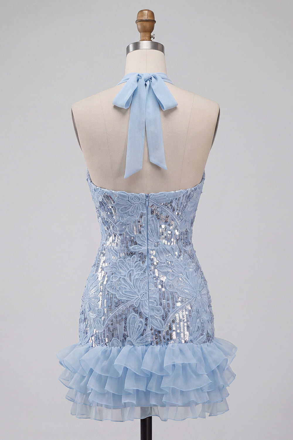 Sparkly Sky Blue Floral Halter Sequin Ruffled Tight Short Homecoming Dress