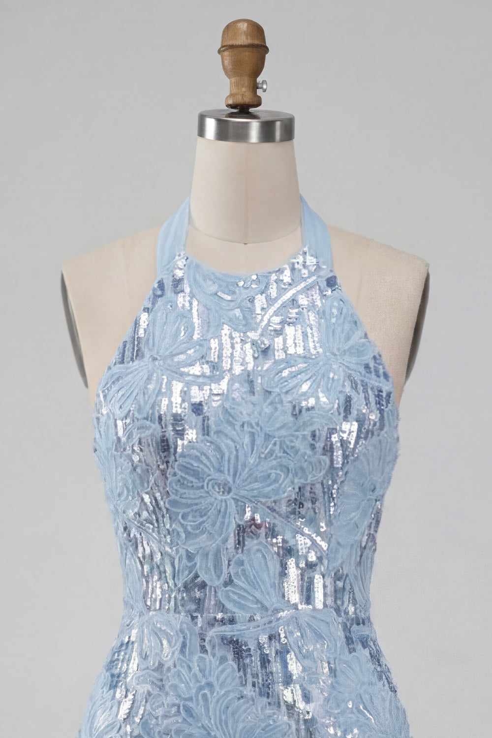 Sparkly Sky Blue Floral Halter Sequin Ruffled Tight Short Homecoming Dress
