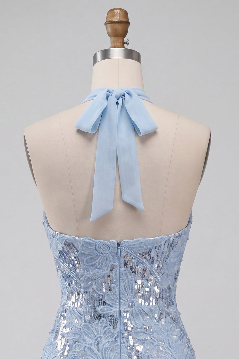 Sparkly Sky Blue Floral Halter Sequin Ruffled Tight Short Homecoming Dress