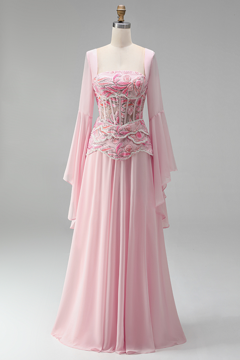 Floral Pink Sequin Long A Line Corset Formal Dress with Sleeves