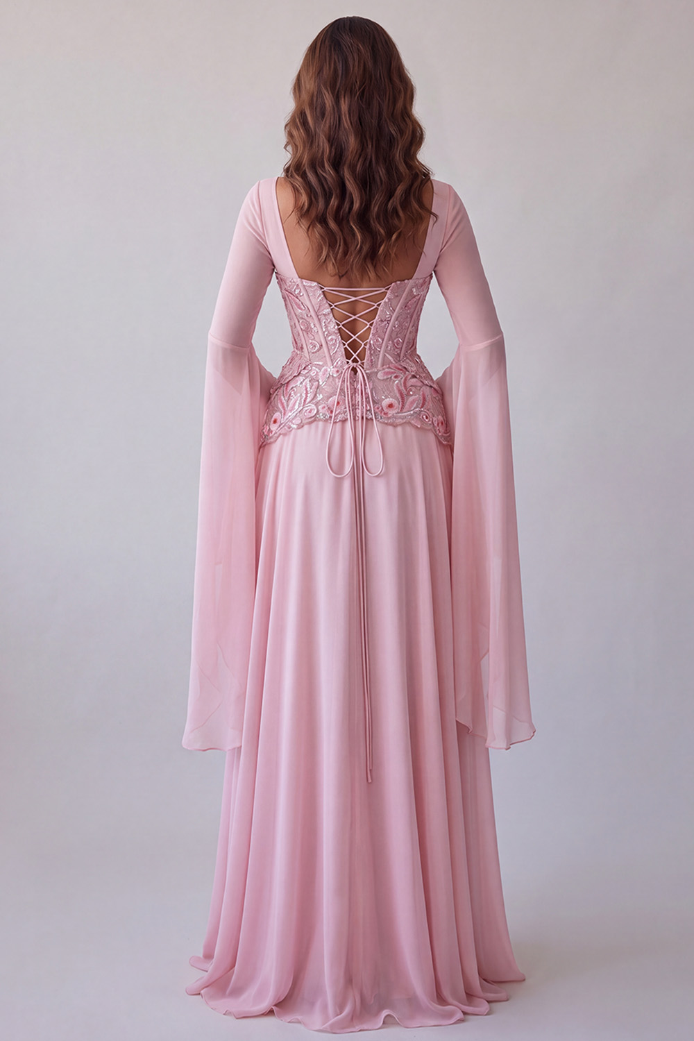 Floral Pink Sequin Long A Line Corset Formal Dress with Sleeves
