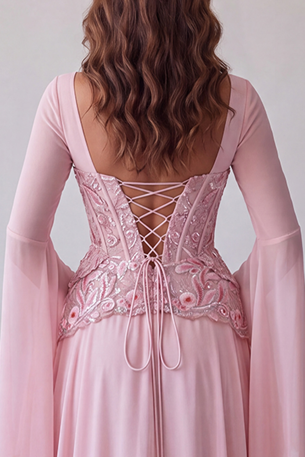 Floral Pink Sequin Long A Line Corset Formal Dress with Sleeves