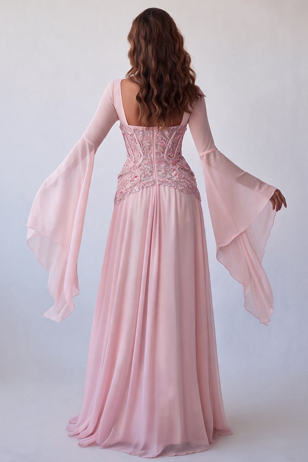 Floral Pink Sequin Long A Line Corset Formal Dress with Sleeves