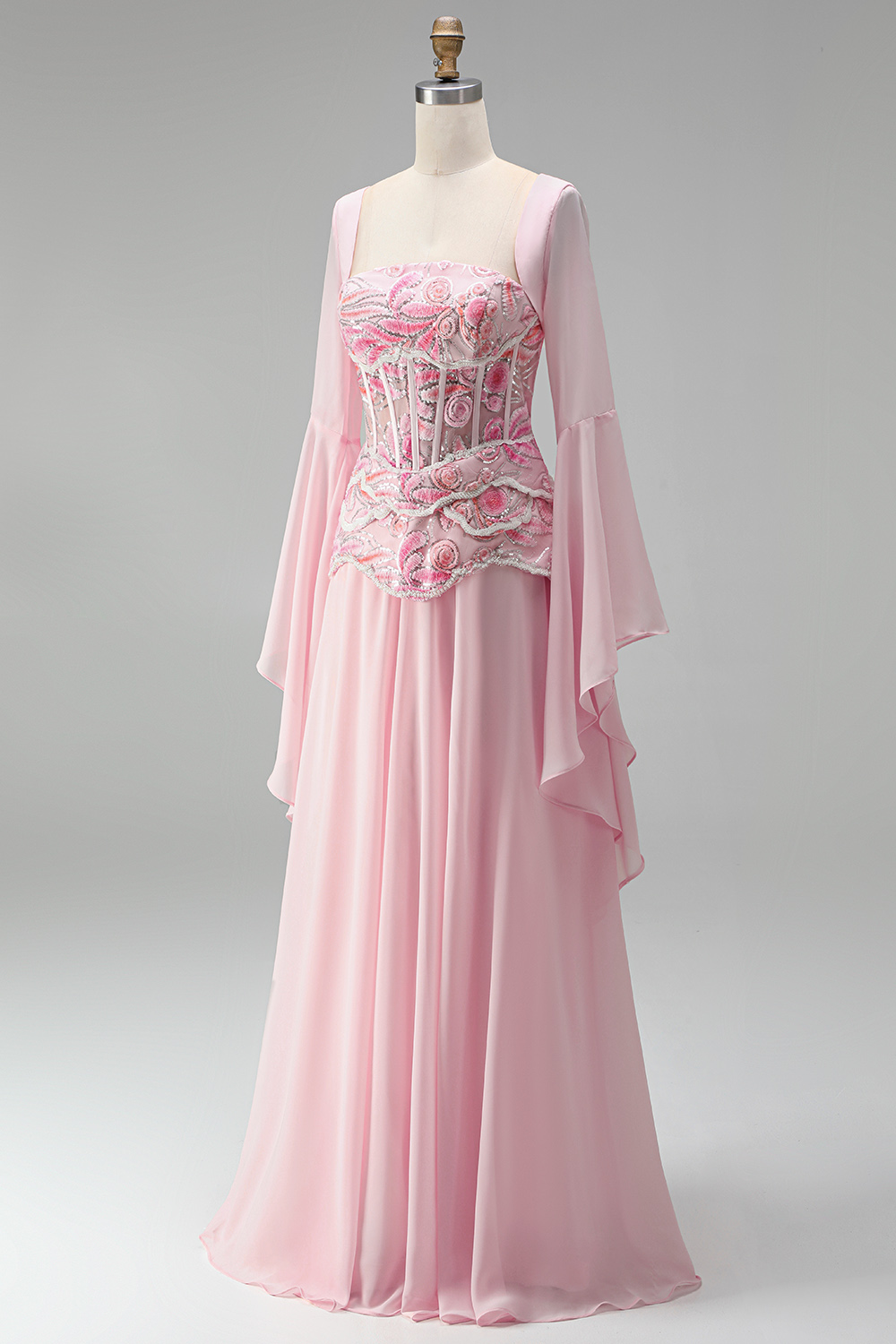 Floral Pink Sequin Long A Line Corset Formal Dress with Sleeves