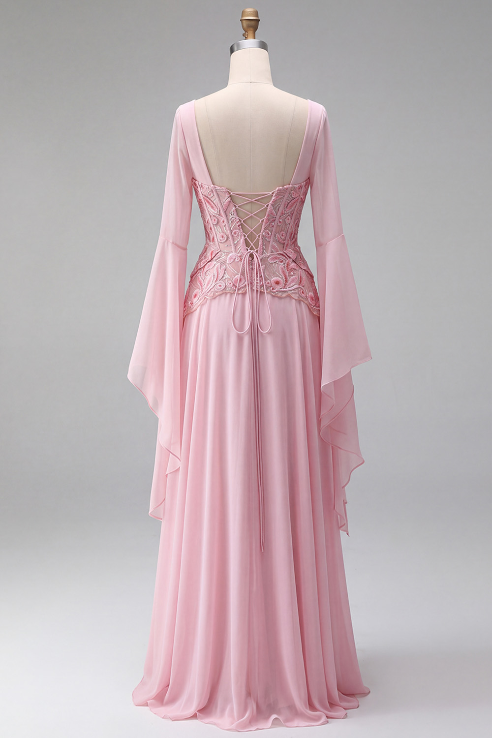 Floral Pink Sequin Long A Line Corset Formal Dress with Sleeves