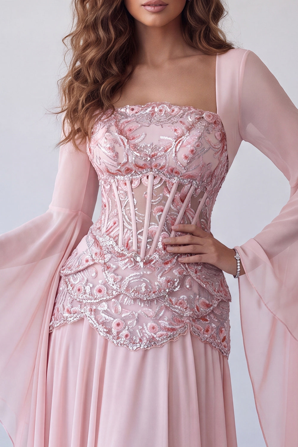 Floral Pink Sequin Long A Line Corset Formal Dress with Sleeves