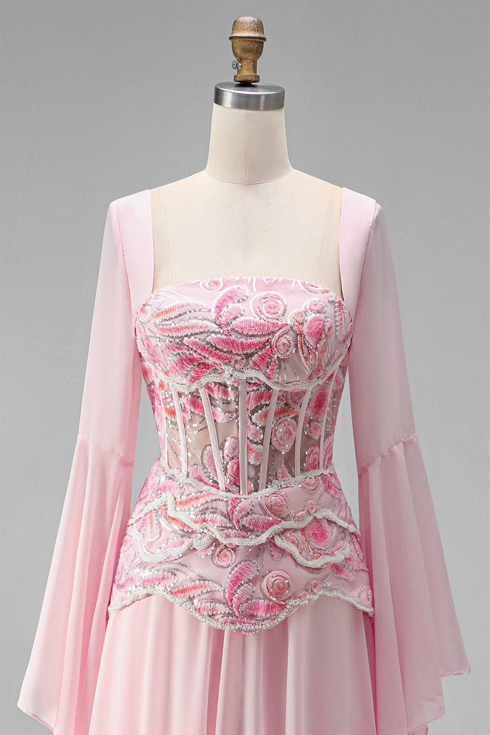 Floral Pink Sequin Long A Line Corset Formal Dress with Sleeves