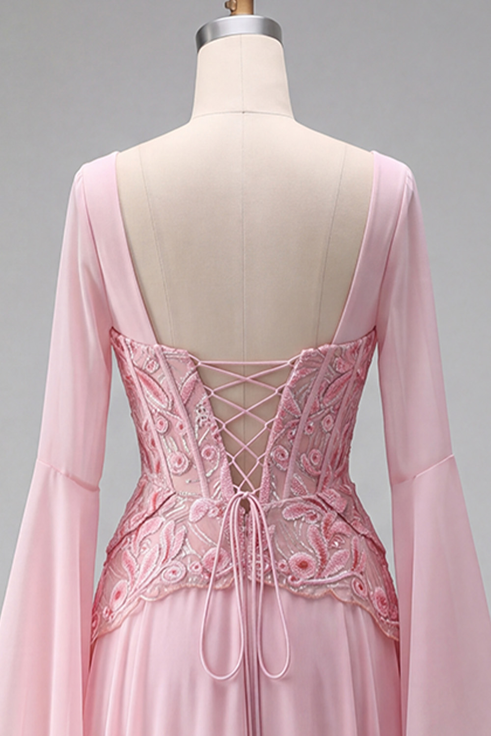 Floral Pink Sequin Long A Line Corset Formal Dress with Sleeves