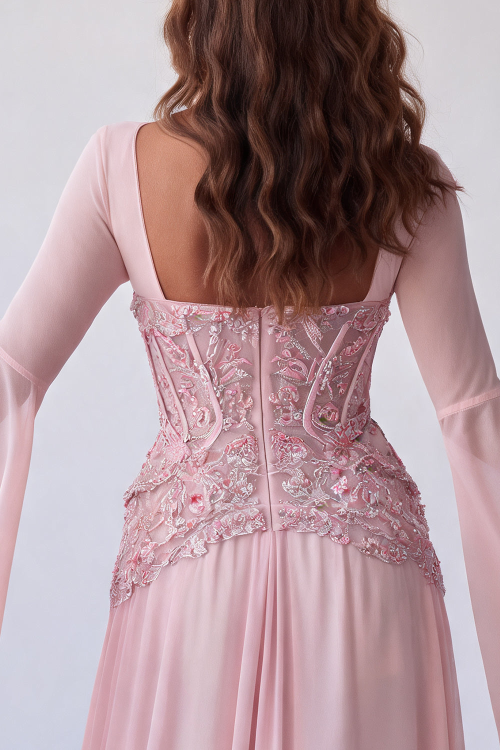 Floral Pink Sequin Long A Line Corset Formal Dress with Sleeves