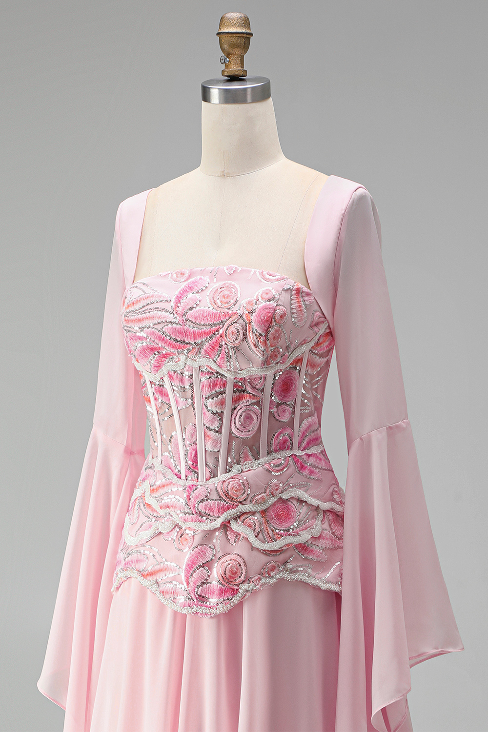 Floral Pink Sequin Long A Line Corset Formal Dress with Sleeves