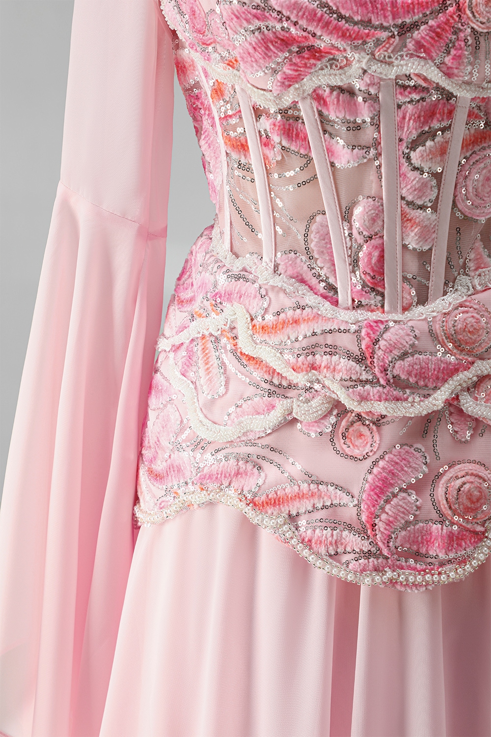 Floral Pink Sequin Long A Line Corset Formal Dress with Sleeves