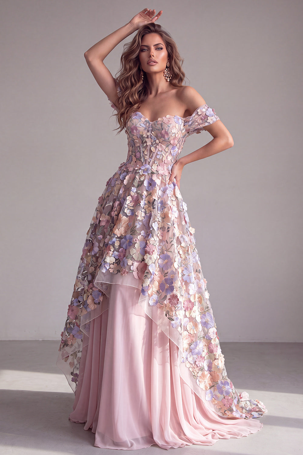 Pink Floral Corset A Line Off the Shoulder Long Formal Dress