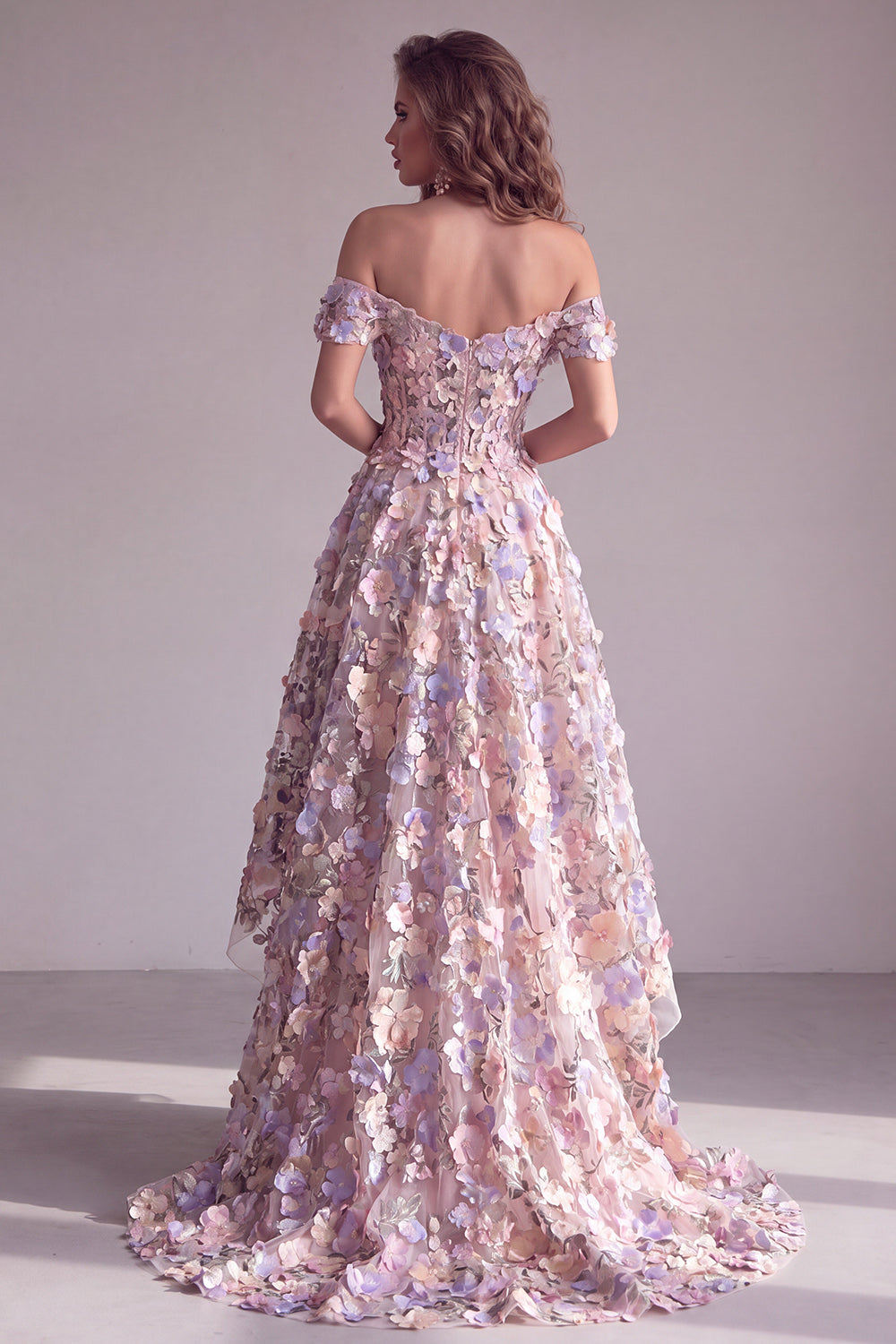 Pink Floral Corset A Line Off the Shoulder Long Formal Dress
