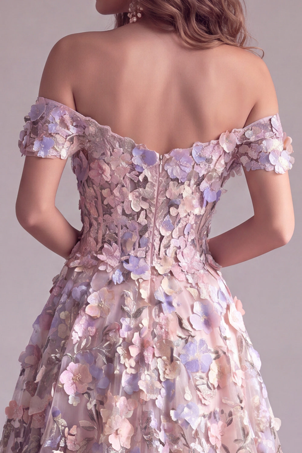 Pink Floral Corset A Line Off the Shoulder Long Formal Dress