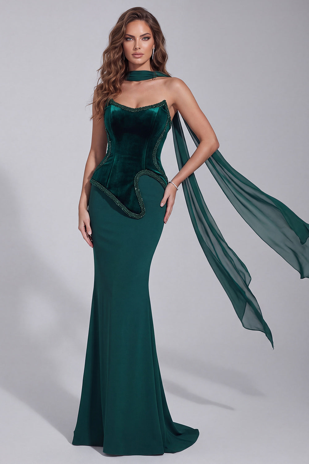 Dark Green Velvet Strapless Corset Mermaid Long Formal Dress