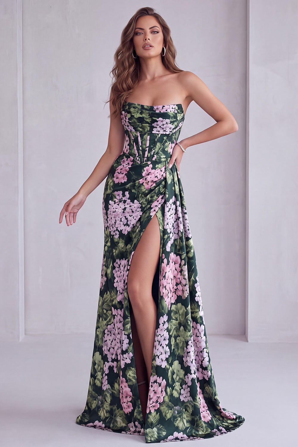 Dark Green Corset Strapless Floral Long Formal Dress with Slit
