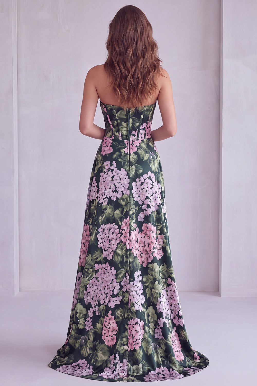 Dark Green Corset Strapless Floral Long Formal Dress with Slit