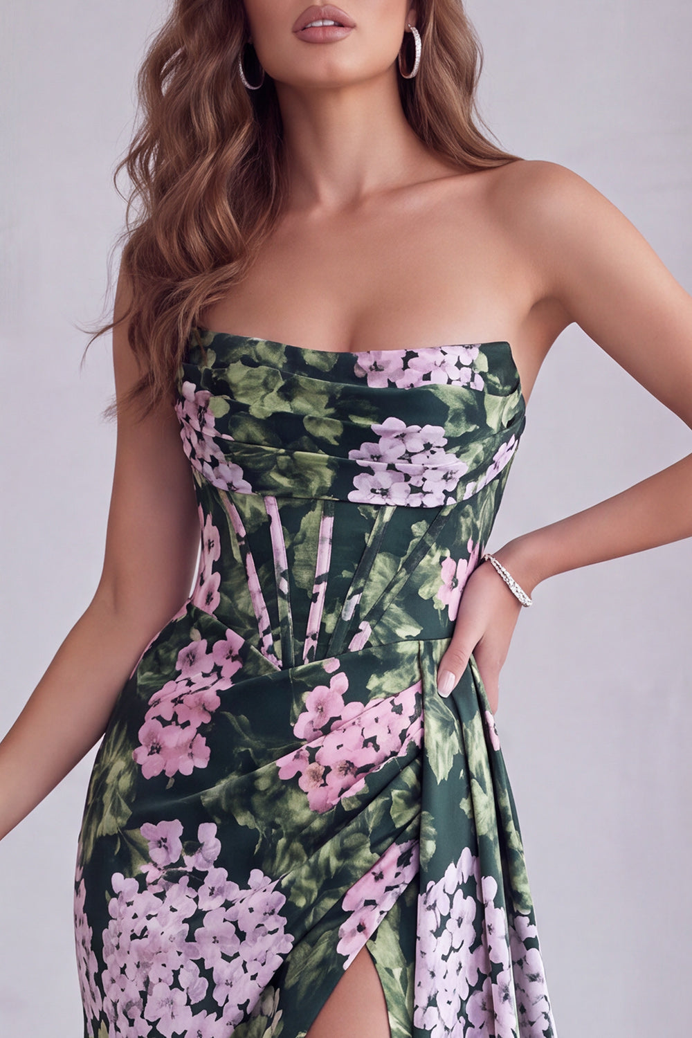 Dark Green Corset Strapless Floral Long Formal Dress with Slit