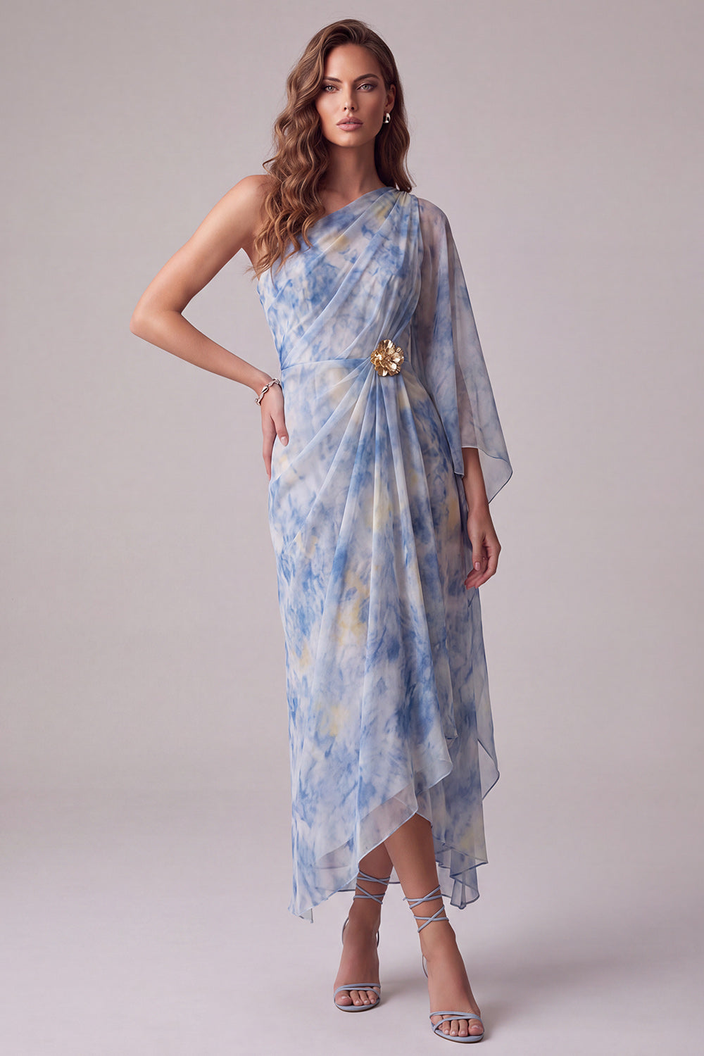 Floral One Shoulder Sheath Dusty Blue Maxi Formal Dress with Sleeve