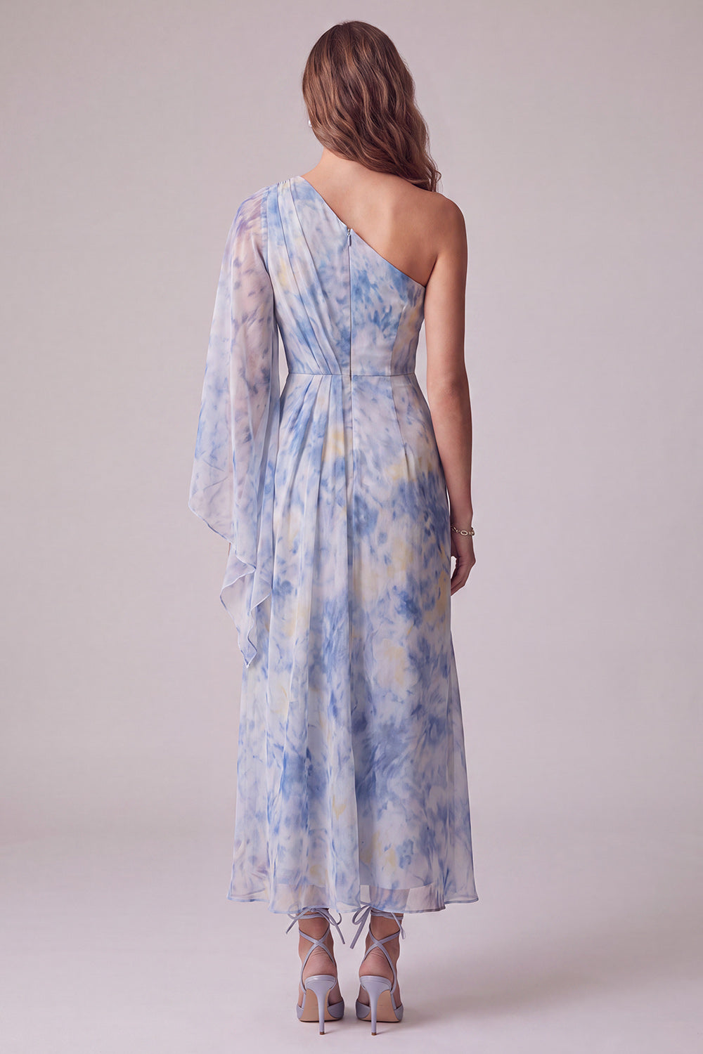 Floral One Shoulder Sheath Dusty Blue Maxi Formal Dress with Sleeve