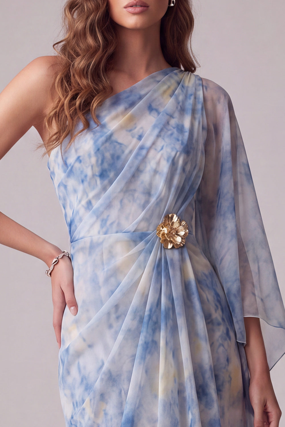Floral One Shoulder Sheath Dusty Blue Maxi Formal Dress with Sleeve