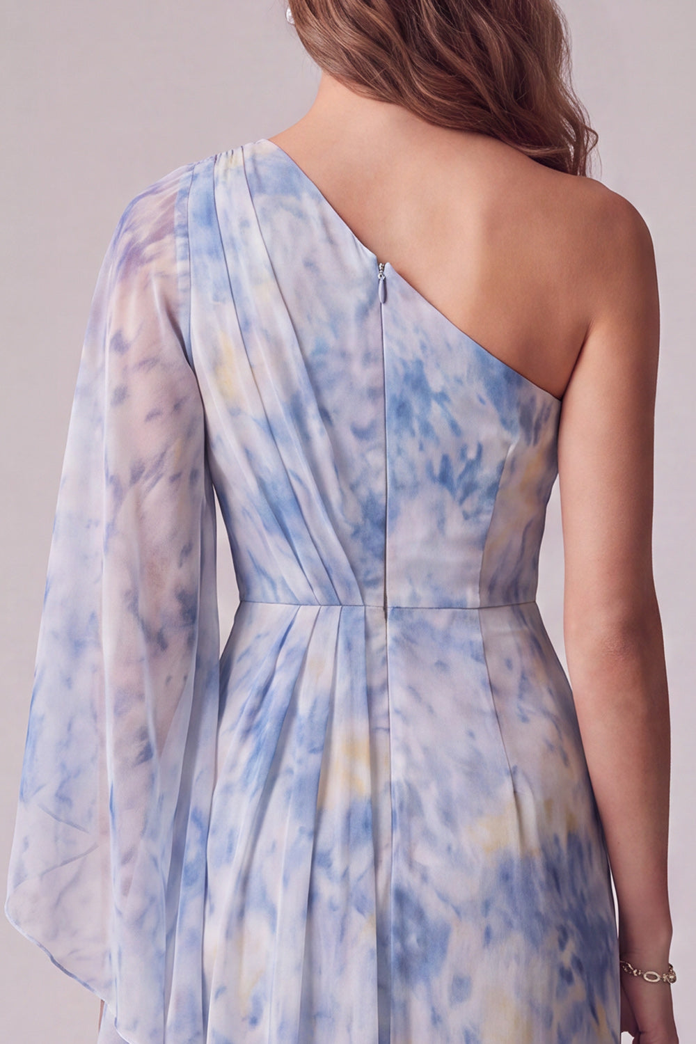 Floral One Shoulder Sheath Dusty Blue Maxi Formal Dress with Sleeve