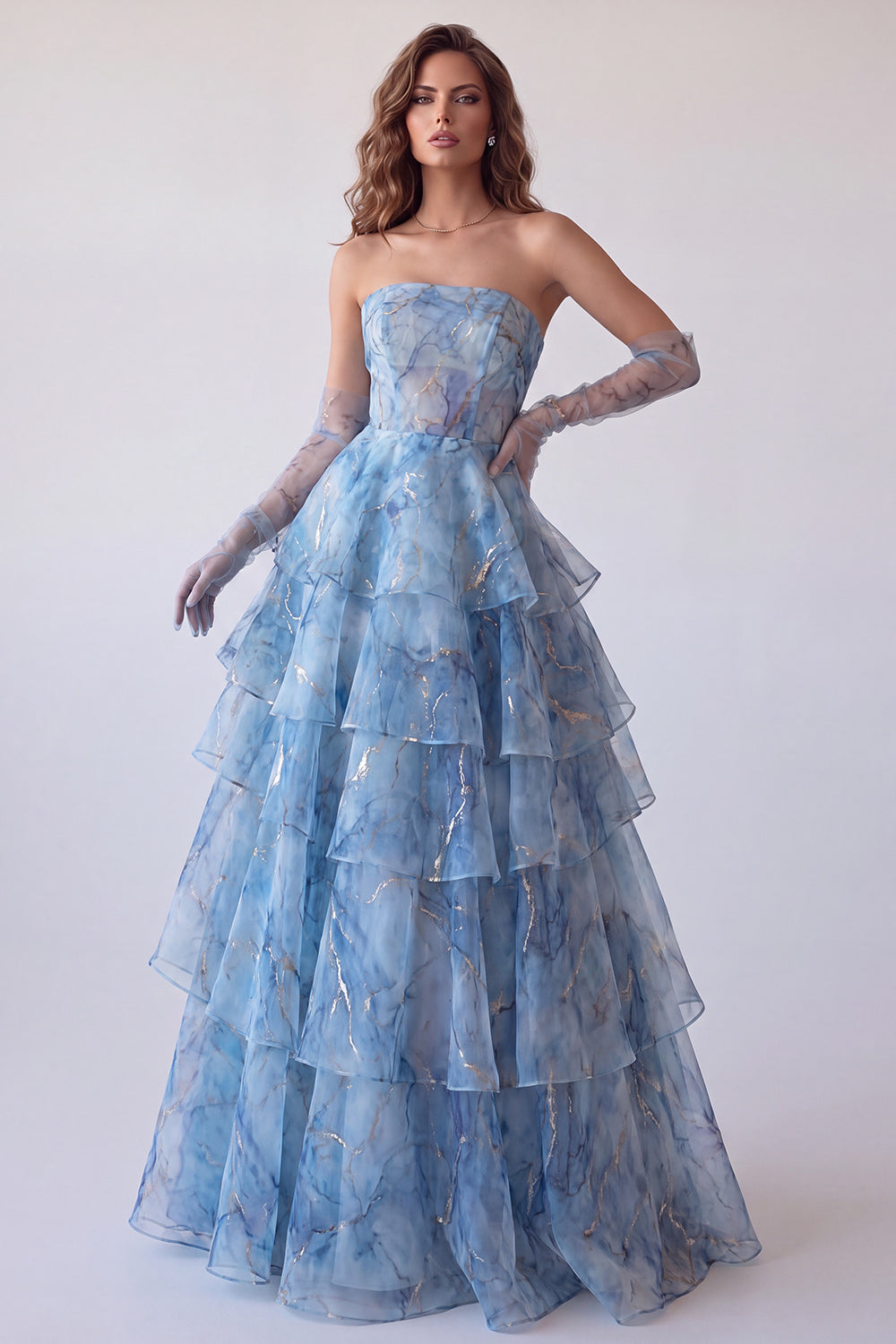 Dusty Blue Corset A Line Tiered Ruffled Long Formal Dress