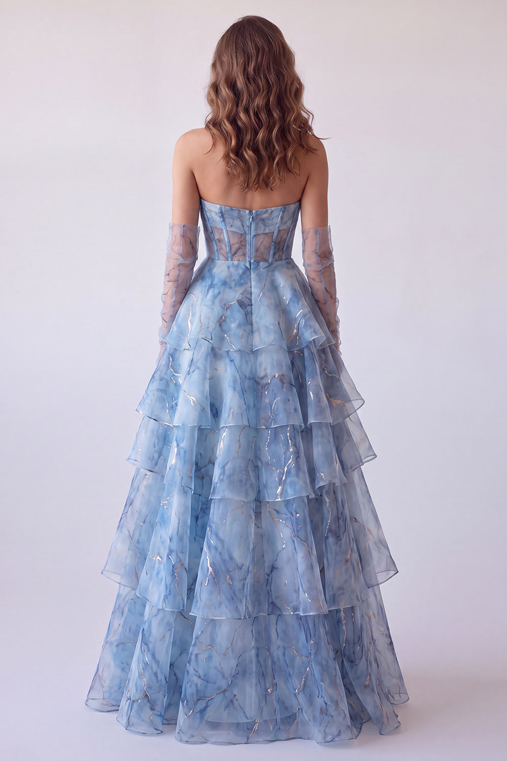 Dusty Blue Corset A Line Tiered Ruffled Long Formal Dress