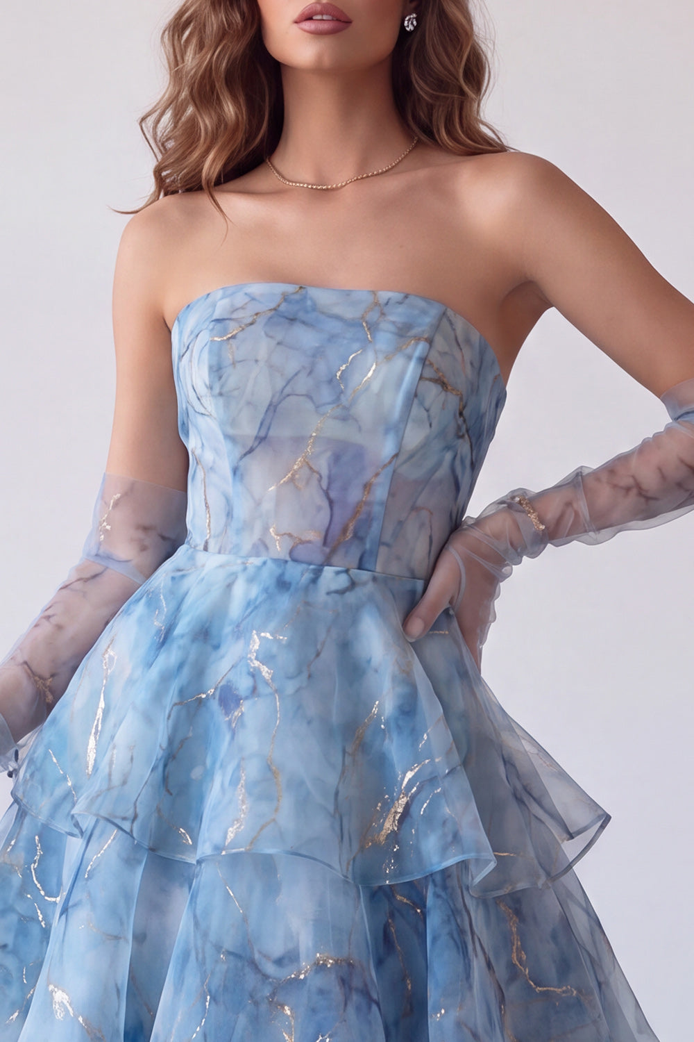 Dusty Blue Corset A Line Tiered Ruffled Long Formal Dress