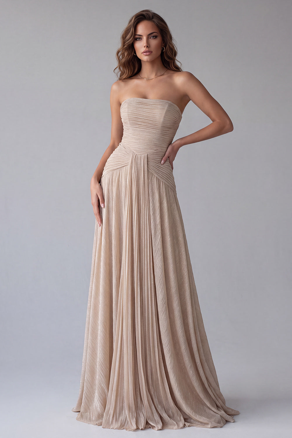 Champagne Pleated Strapless A Line Long Formal Dress