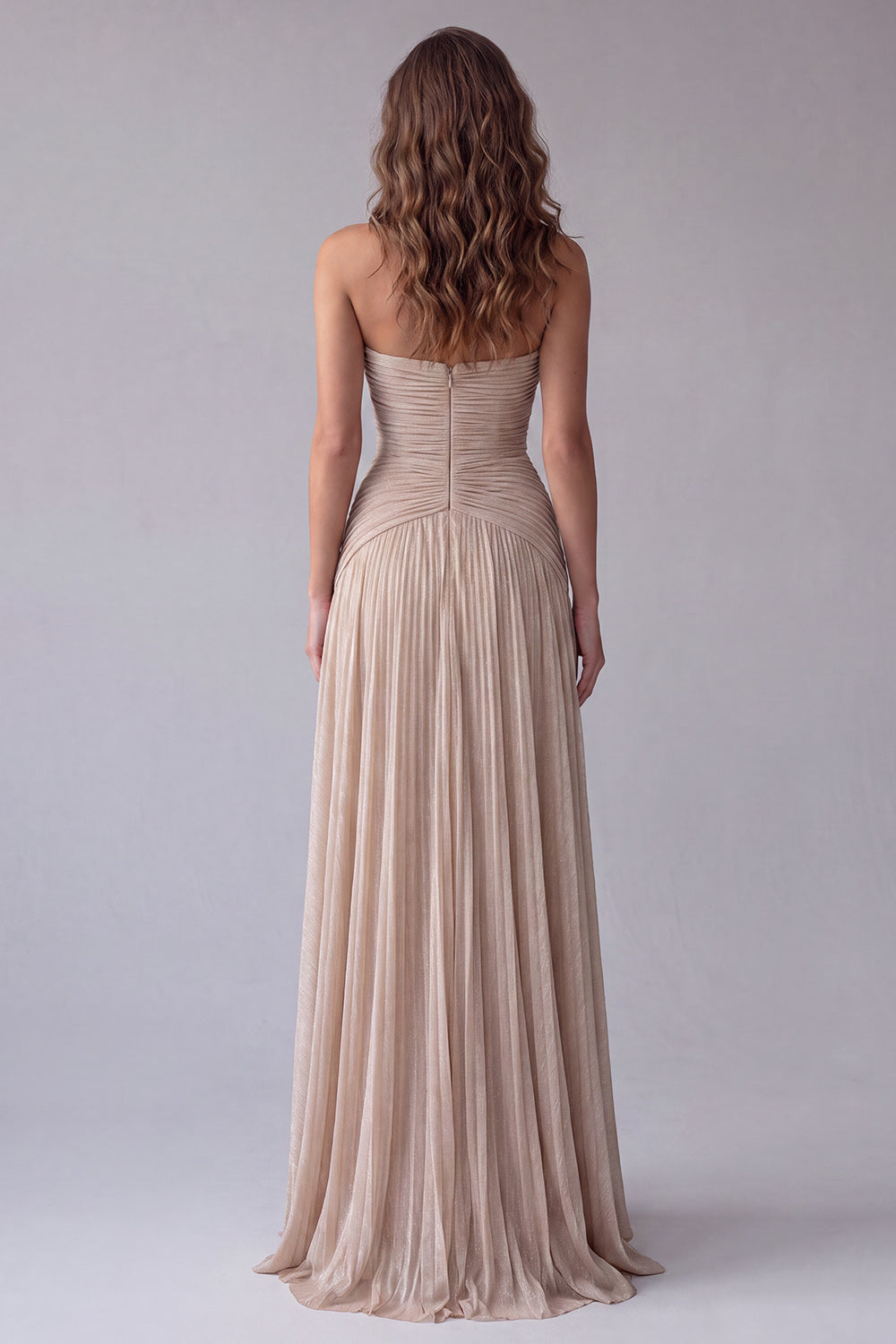 Champagne Pleated Strapless A Line Long Formal Dress