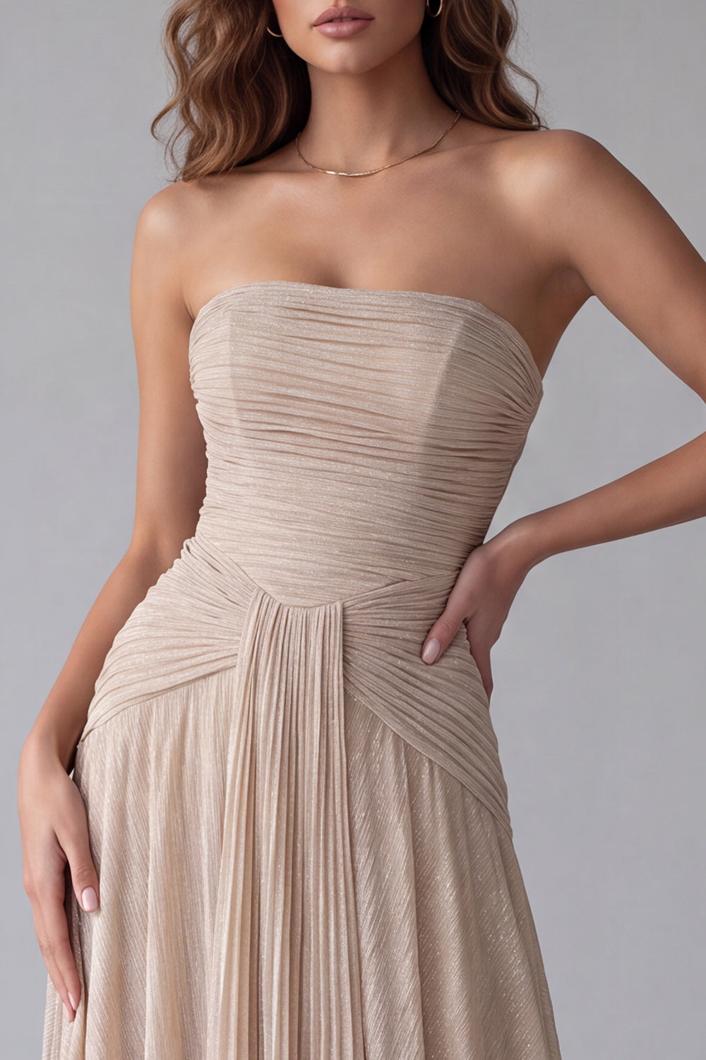 Champagne Pleated Strapless A Line Long Formal Dress
