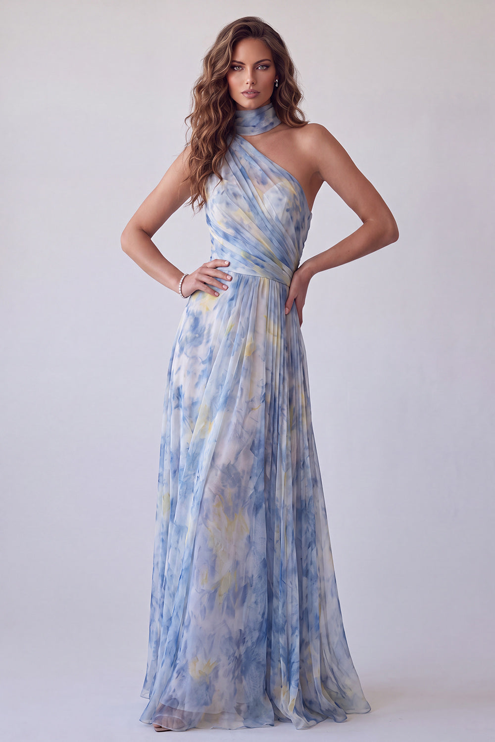 Dusty Blue Floral One Shoulder Pleated Long Formal Dress