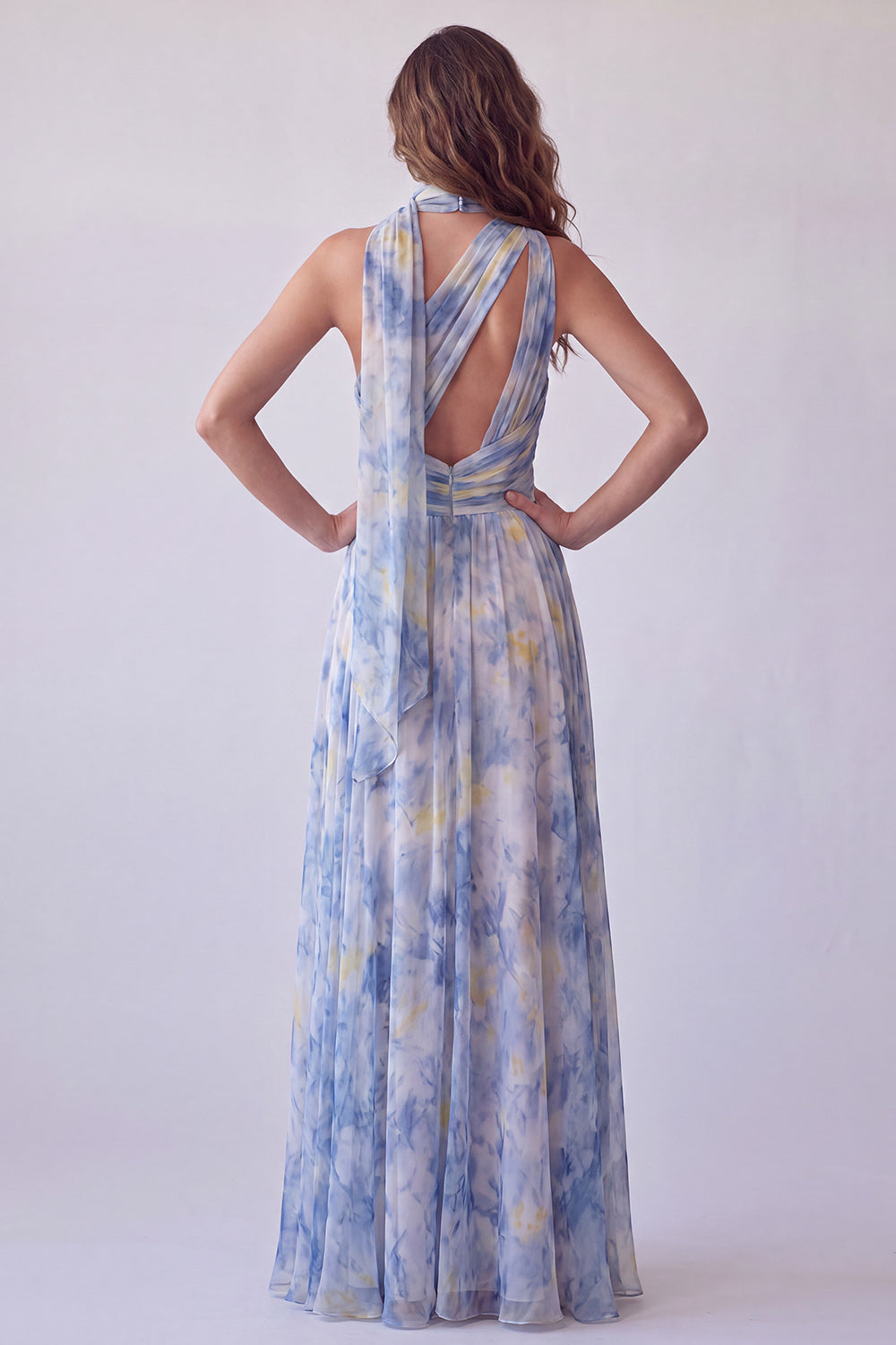 Dusty Blue Floral One Shoulder Pleated Long Formal Dress